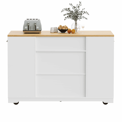 Ilha de cozinha com rodas 120x50x92 cm - Com compartimento para lixo, 2 portas e 3 gavetas - Branco