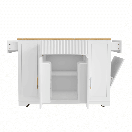 Ilha de cozinha com rodas 120x50x92 cm - Com compartimento para lixo, 2 portas e 3 gavetas - Branco