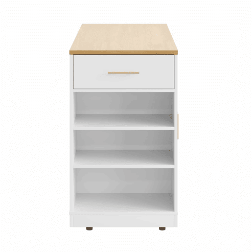 Ilha de cozinha com rodas 120x50x92 cm - Com compartimento para lixo, 2 portas e 3 gavetas - Branco