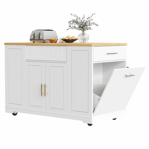 Ilha de cozinha com rodas 120x50x92 cm - Com compartimento para lixo, 2 portas e 3 gavetas - Branco