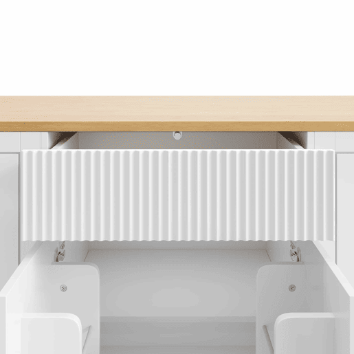 Ilha de cozinha com rodas 120x50x92 cm - Com compartimento para lixo, 2 portas e 3 gavetas - Branco