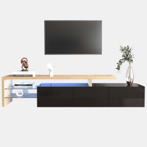 Móvel de TV 197,5 cm - Design moderno e elegante, com arrumação prática, alto brilho, madeira, prateleiras de vidro, iluminação LED - Natural+Preto