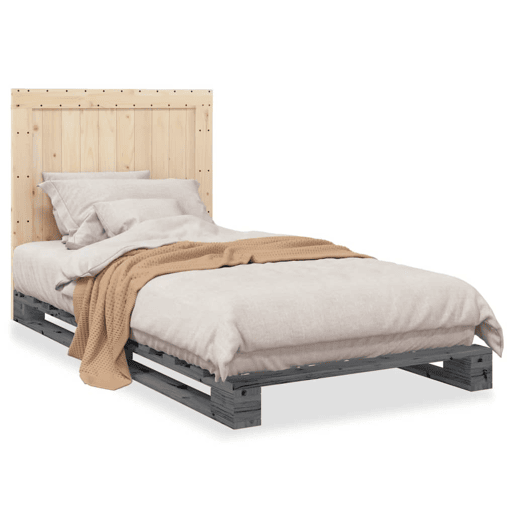 Estrutura de cama de solteiro para adultos com cabeceira 100x200cm pinho maciço cinza