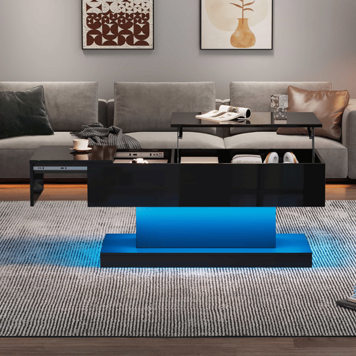 Mesa de centro LED 100x50x45 cm - Mesa elevável com design deslizante lateral, elevação hidráulica e arrumação - Preta Mesa de centro LED 100x50x45 cm - Mesa elevável com design deslizante lateral, elevação hidráulica e arrumação - Preta