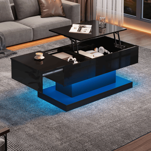 Mesa de centro LED 100x50x45 cm - Mesa elevável com design deslizante lateral, elevação hidráulica e arrumação - Preta Mesa de centro LED 100x50x45 cm - Mesa elevável com design deslizante lateral, elevação hidráulica e arrumação - Preta