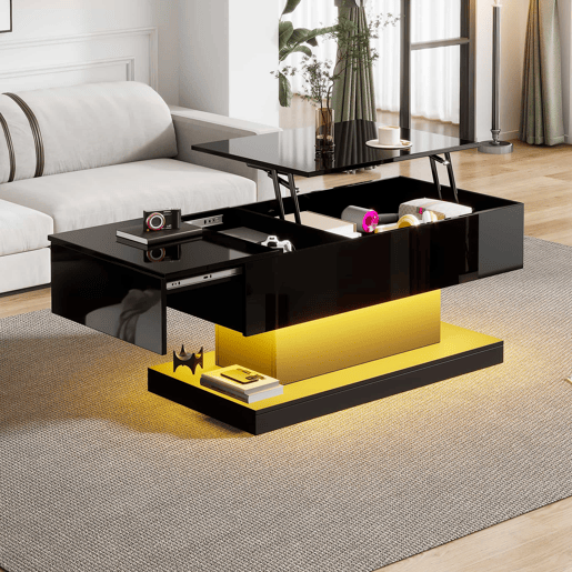 Mesa de centro LED 100x50x45 cm - Mesa elevável com design deslizante lateral, elevação hidráulica e arrumação - Preta Mesa de centro LED 100x50x45 cm - Mesa elevável com design deslizante lateral, elevação hidráulica e arrumação - Preta