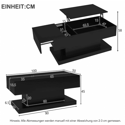 Mesa de centro LED 100x50x45 cm - Mesa elevável com design deslizante lateral, elevação hidráulica e arrumação - Preta Mesa de centro LED 100x50x45 cm - Mesa elevável com design deslizante lateral, elevação hidráulica e arrumação - Preta