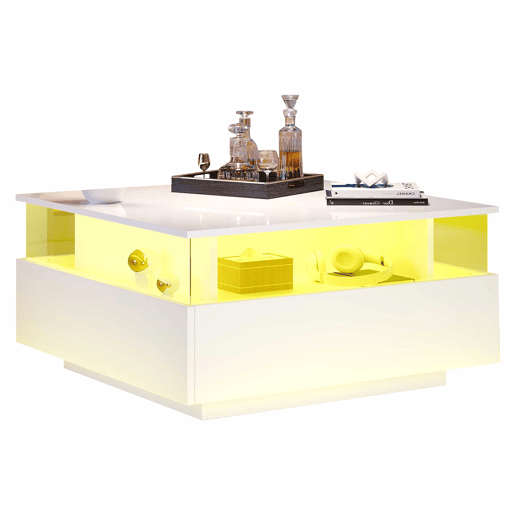 Mesa de centro LED 70x70x41 cm - 2 gavetas, área de exposição transparente - Branco
