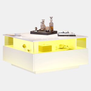 Mesa de centro LED 70x70x41 cm - 2 gavetas, área de exposição transparente - Branco