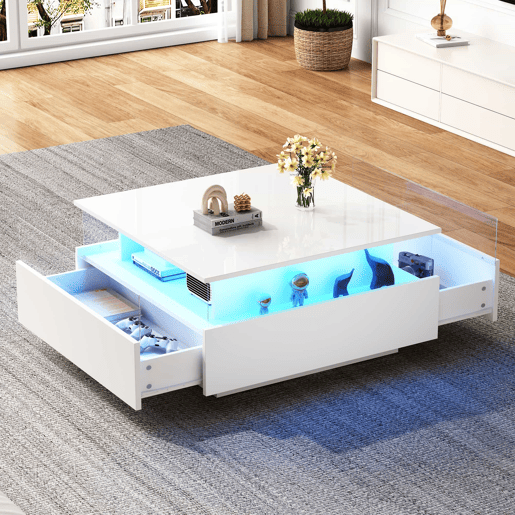 Mesa de centro LED 70x70x41 cm - 2 gavetas, área de exposição transparente - Branco