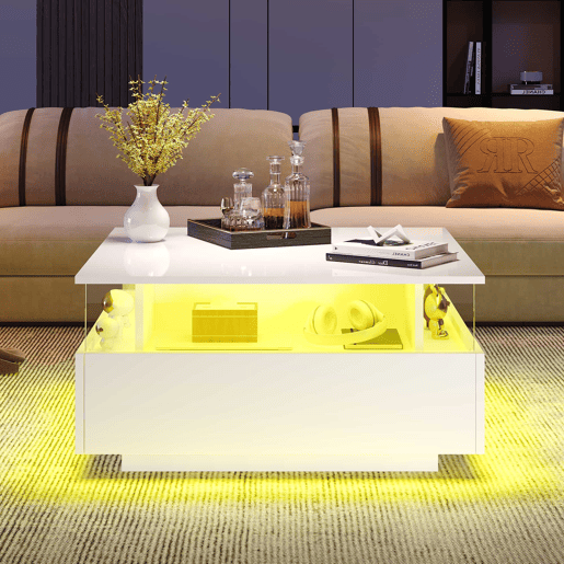 Mesa de centro LED 70x70x41 cm - 2 gavetas, área de exposição transparente - Branco