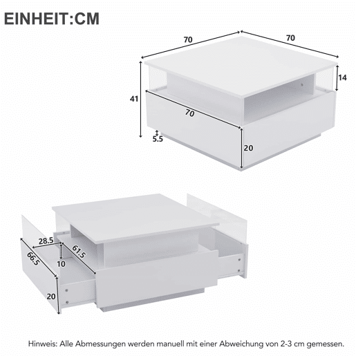 Mesa de centro LED 70x70x41 cm - 2 gavetas, área de exposição transparente - Branco