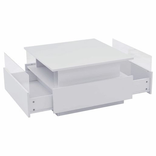 Mesa de centro LED 70x70x41 cm - 2 gavetas, área de exposição transparente - Branco