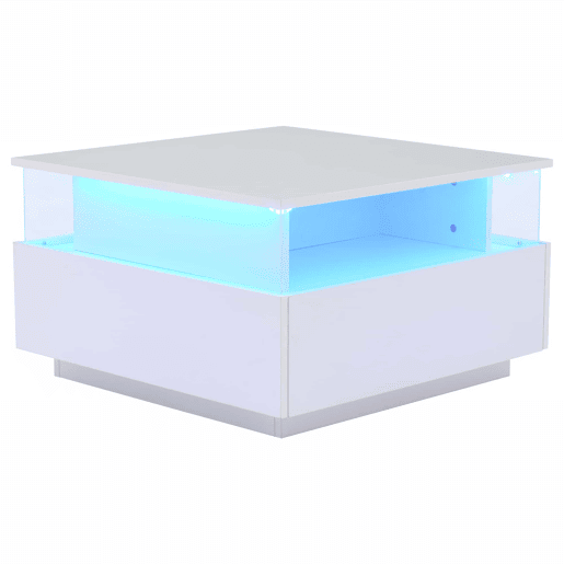 Mesa de centro LED 70x70x41 cm - 2 gavetas, área de exposição transparente - Branco
