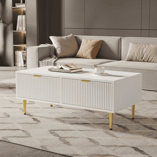 Mesa de centro - 2 gavetas - design de riscas verticais - Branco
