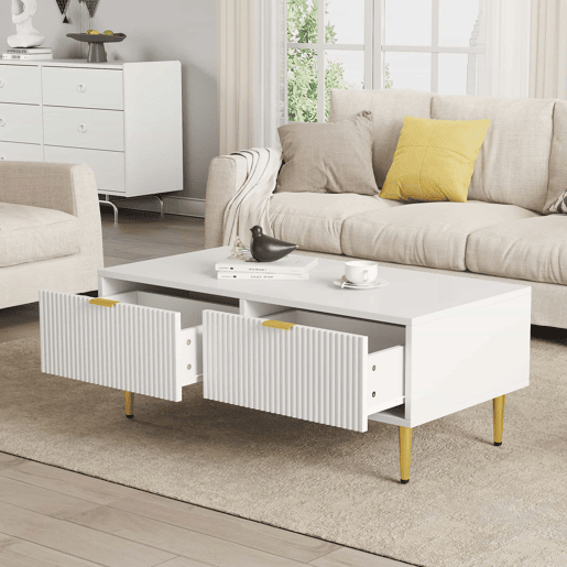 Mesa de centro - 2 gavetas - design de riscas verticais - Branco