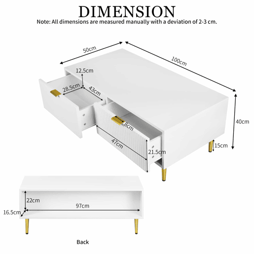 Mesa de centro - 2 gavetas - design de riscas verticais - Branco