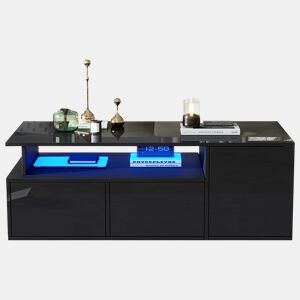 Mesa de centro 100x50x35 cm - Mesa de sala com LED, 2 gavetas, capacidade para 60 kg - Preta
