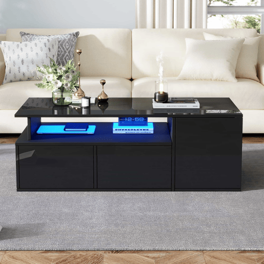 Mesa de centro 100x50x35 cm - Mesa de sala com LED, 2 gavetas, capacidade para 60 kg - Preta