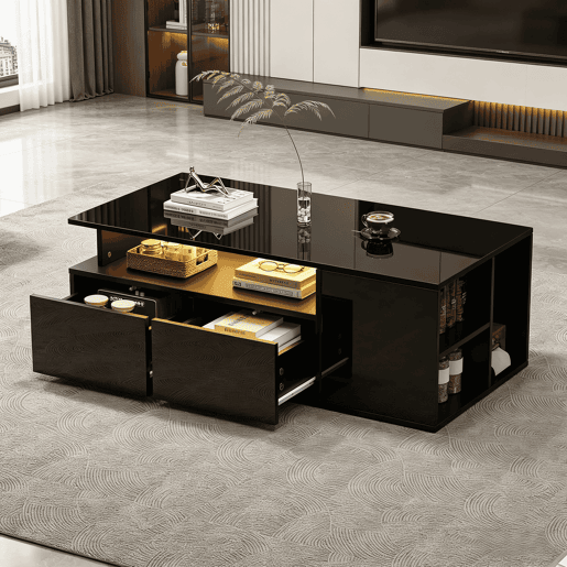 Mesa de centro 100x50x35 cm - Mesa de sala com LED, 2 gavetas, capacidade para 60 kg - Preta