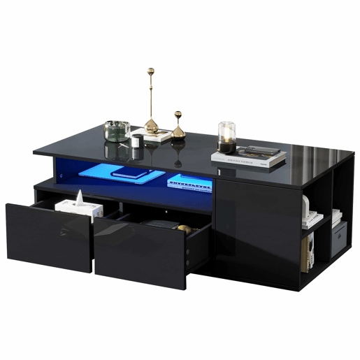 Mesa de centro 100x50x35 cm - Mesa de sala com LED, 2 gavetas, capacidade para 60 kg - Preta