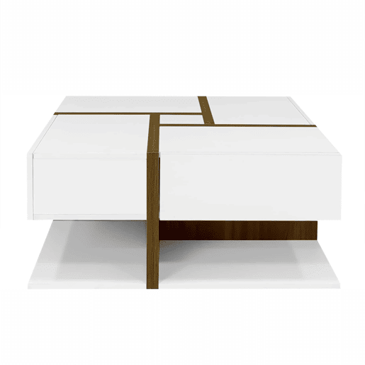 Mesa de centro - 4 gavetas - espaço de arrumação na parte inferior - 78x78x36cm - Branco e castanho