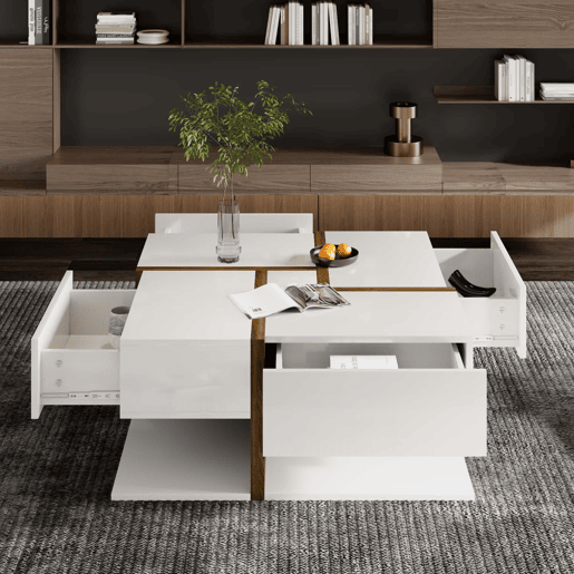 Mesa de centro - 4 gavetas - espaço de arrumação na parte inferior - 78x78x36cm - Branco e castanho
