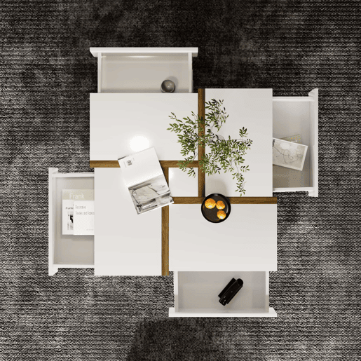 Mesa de centro - 4 gavetas - espaço de arrumação na parte inferior - 78x78x36cm - Branco e castanho
