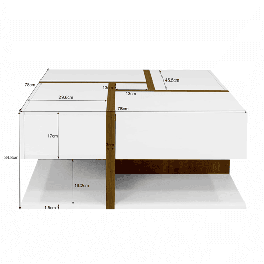 Mesa de centro - 4 gavetas - espaço de arrumação na parte inferior - 78x78x36cm - Branco e castanho
