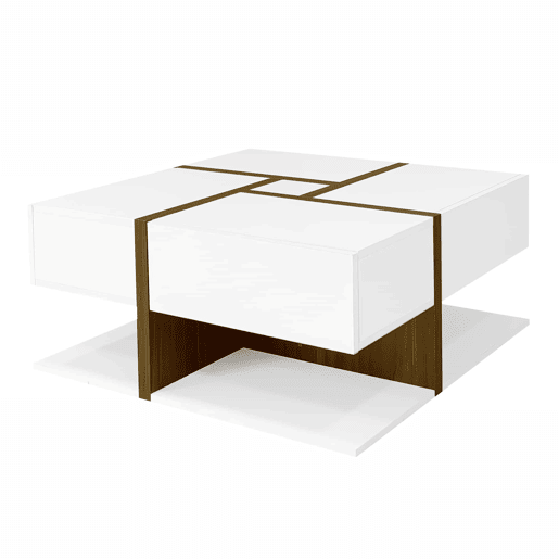 Mesa de centro - 4 gavetas - espaço de arrumação na parte inferior - 78x78x36cm - Branco e castanho