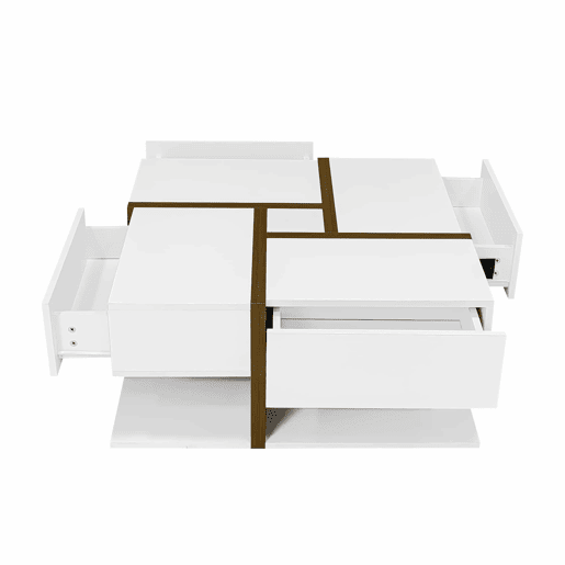 Mesa de centro - 4 gavetas - espaço de arrumação na parte inferior - 78x78x36cm - Branco e castanho