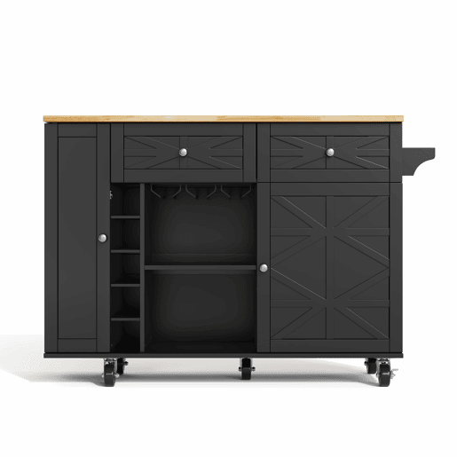 Ilha de cozinha 120x45(70)x89 cm - com rodas bloqueáveis, prateleira na porta, suporte para copos e garrafas de vinho - preta