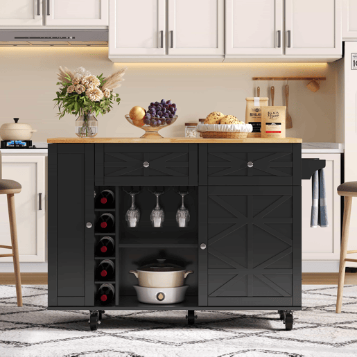 Ilha de cozinha 120x45(70)x89 cm - com rodas bloqueáveis, prateleira na porta, suporte para copos e garrafas de vinho - preta