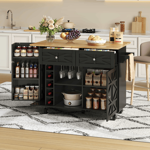 Ilha de cozinha 120x45(70)x89 cm - com rodas bloqueáveis, prateleira na porta, suporte para copos e garrafas de vinho - preta