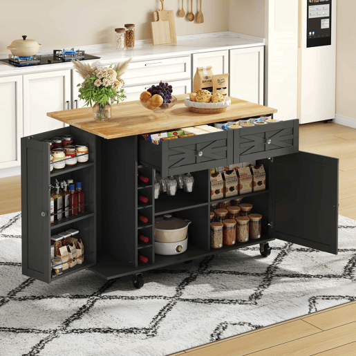 Ilha de cozinha 120x45(70)x89 cm - com rodas bloqueáveis, prateleira na porta, suporte para copos e garrafas de vinho - preta