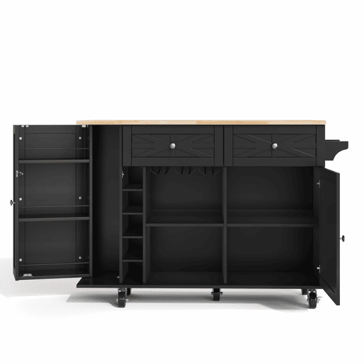 Ilha de cozinha 120x45(70)x89 cm - com rodas bloqueáveis, prateleira na porta, suporte para copos e garrafas de vinho - preta