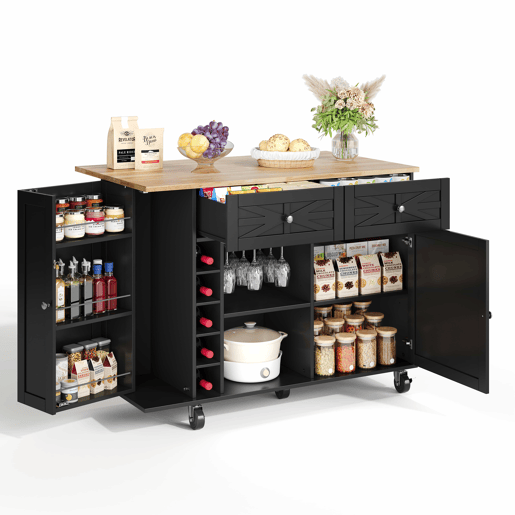 Ilha de cozinha 120x45(70)x89 cm - com rodas bloqueáveis, prateleira na porta, suporte para copos e garrafas de vinho - preta
