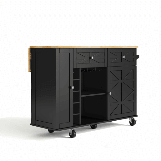 Ilha de cozinha 120x45(70)x89 cm - com rodas bloqueáveis, prateleira na porta, suporte para copos e garrafas de vinho - preta