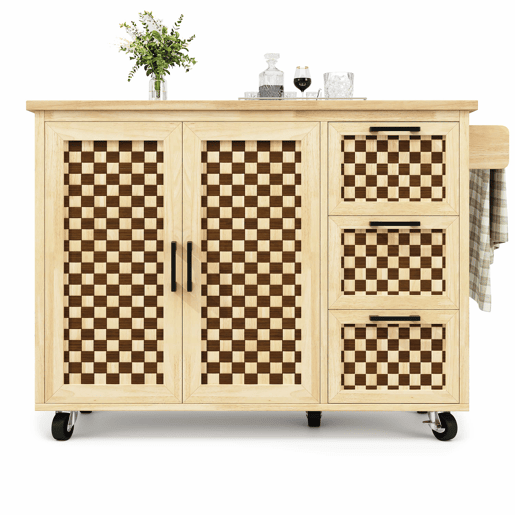 Ilha de cozinha 120x45(75)x92 cm - Carrinho de cozinha com rodas, prateleira para toalhas, portas e gavetas, padrão xadrez, acabamento em madeira natural