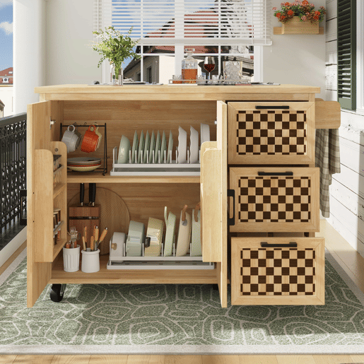 Ilha de cozinha 120x45(75)x92 cm - Carrinho de cozinha com rodas, prateleira para toalhas, portas e gavetas, padrão xadrez, acabamento em madeira natural