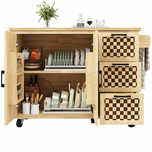 Ilha de cozinha 120x45(75)x92 cm - Carrinho de cozinha com rodas, prateleira para toalhas, portas e gavetas, padrão xadrez, acabamento em madeira natural