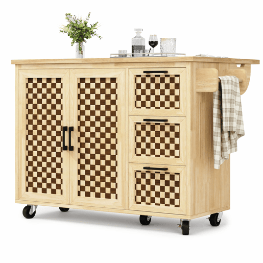 Ilha de cozinha 120x45(75)x92 cm - Carrinho de cozinha com rodas, prateleira para toalhas, portas e gavetas, padrão xadrez, acabamento em madeira natural