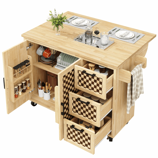 Ilha de cozinha 120x45(75)x92 cm - Carrinho de cozinha com rodas, prateleira para toalhas, portas e gavetas, padrão xadrez, acabamento em madeira natural