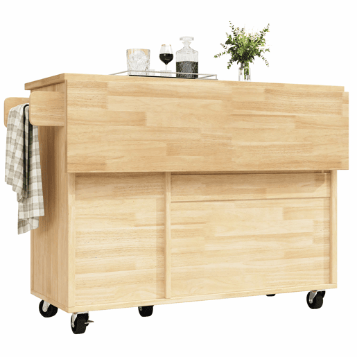 Ilha de cozinha 120x45(75)x92 cm - Carrinho de cozinha com rodas, prateleira para toalhas, portas e gavetas, padrão xadrez, acabamento em madeira natural