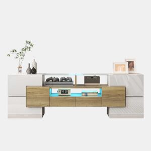 Móvel de TV 145 cm - Lowboard, Design moderno, LED, Superfície de vidro elegante - Branco+Dourado