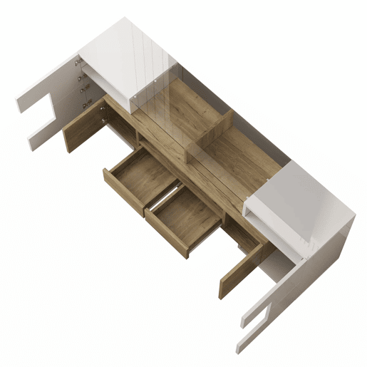 Móvel de TV 145 cm - Lowboard, Design moderno, LED, Superfície de vidro elegante - Branco+Dourado