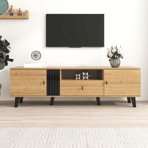 Móvel de TV 170 cm - Estilo elegante, Lowboard com gavetas, design em madeira natural e preto Móvel de TV 170 cm - Estilo elegante, Lowboard com gavetas, design em madeira natural e preto