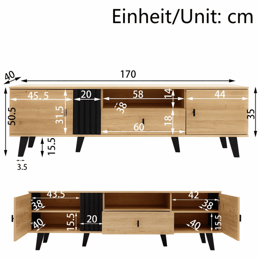 Móvel de TV 170 cm - Estilo elegante, Lowboard com gavetas, design em madeira natural e preto Móvel de TV 170 cm - Estilo elegante, Lowboard com gavetas, design em madeira natural e preto