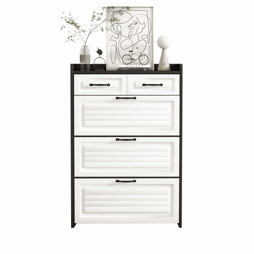 Sapateira 80x23,5x131 cm - Com 3 portas e 2 gavetas, madeira, para entrada e sala - BrancoPreto