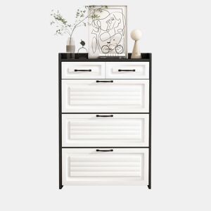 Sapateira 80x23,5x131 cm - Com 3 portas e 2 gavetas, madeira, para entrada e sala - BrancoPreto